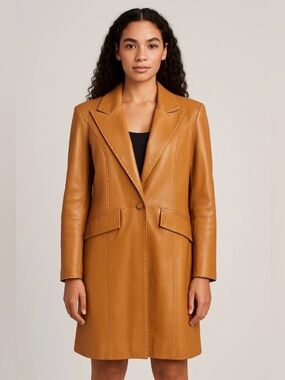 Joop! Vintage Retro Tan Italian Leather Long Blazer Coat *Minor Flaws*